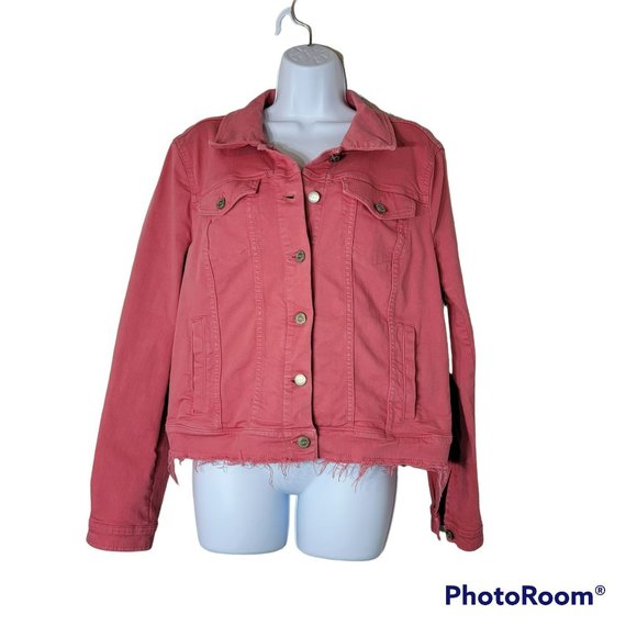 LOFT Jackets & Blazers - Loft Women's Pink (Salmon) Distressed Denim Jacket Size Large EUC